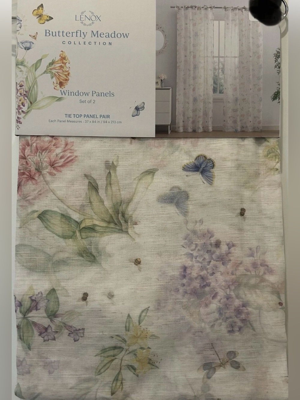 Lenox Butterfly Meadow Tie Top Curtains Drapes Panels 37" x 84" Set of 2
